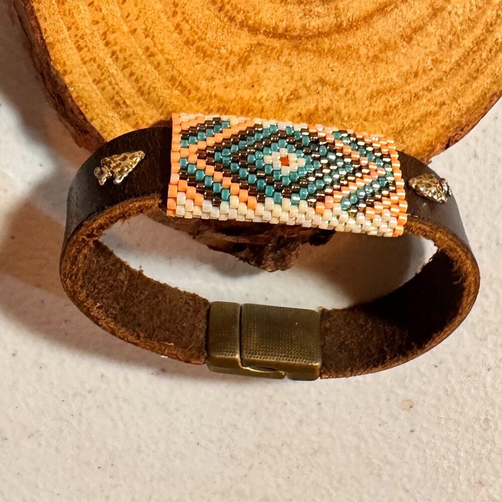 Beaded Leather Wristband Fall Colored Southwest Bracelet Cuff with Southwest
